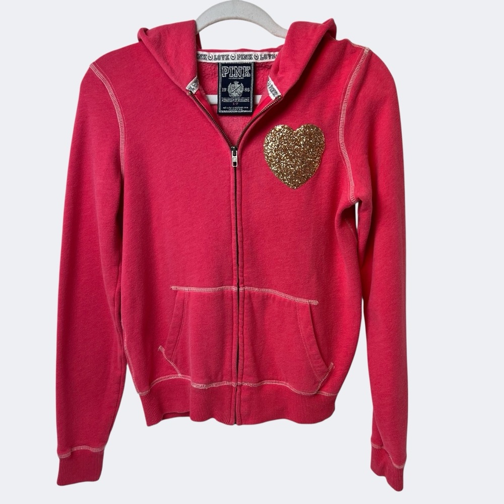 PINK Victoria's Secret Sequin “Love Pink” Zip Hoodie Pink Glitter Heart Size S - Picture 2 of 11